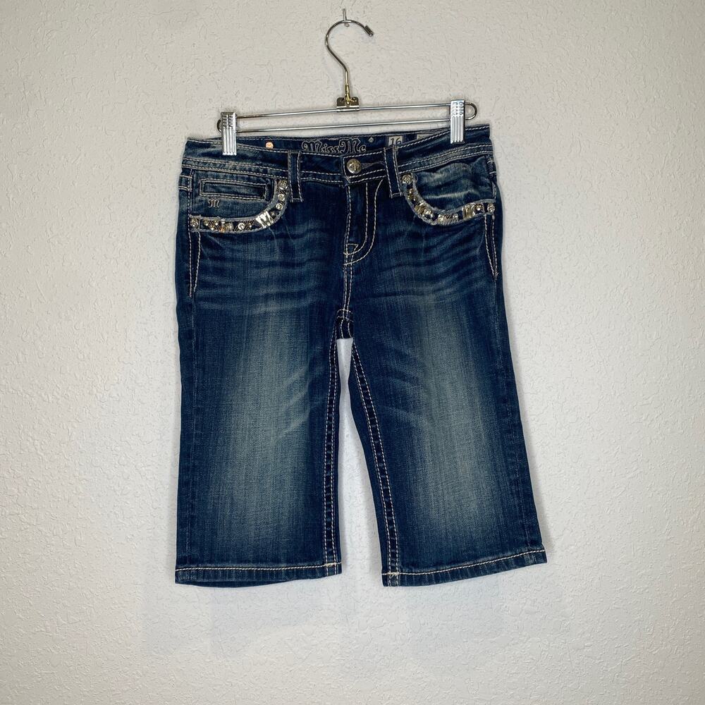 Miss Me Girls Dark Blue Wash Bermuda Shorts Embellished EUC Sz 16 Girls